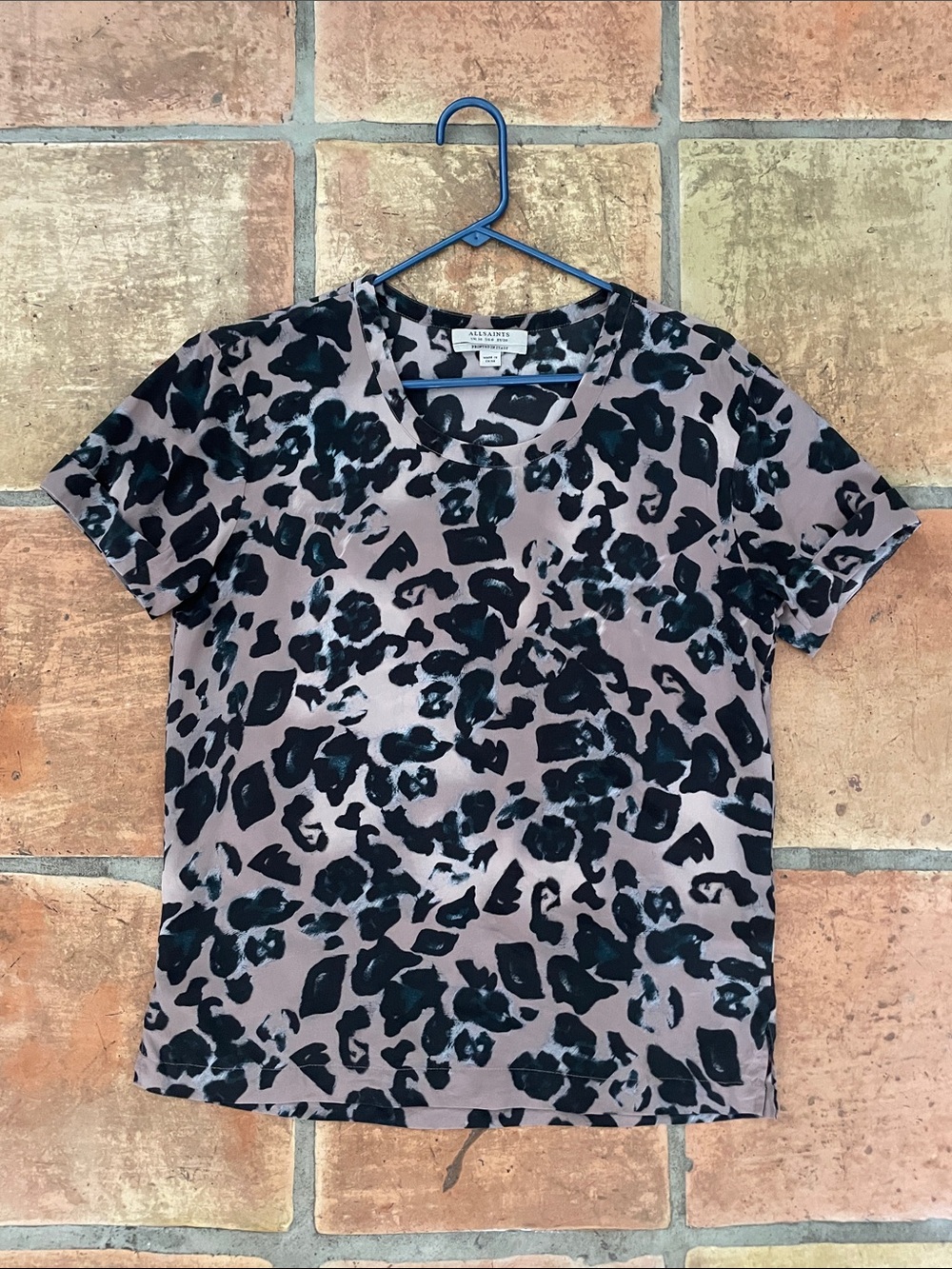 100% Silk AllSaints US6 Aroma Leo Leopard Print Short Sleeve Top